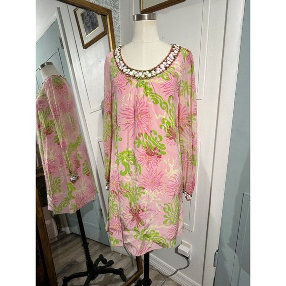 Lilly Pulitzer Dresses & Skirts - Lilly Pulitzer Long Sleeve Silk Floral Tunic Dress Multi Pink Beaded Size 4